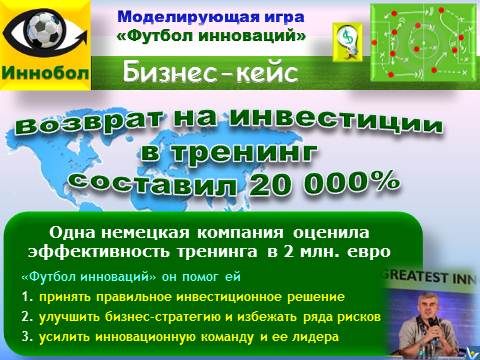 Футбол инноваций (Иннобол), Вадим Котельников - бизнес-кейс - тренинг - выгода 2 млн. евро